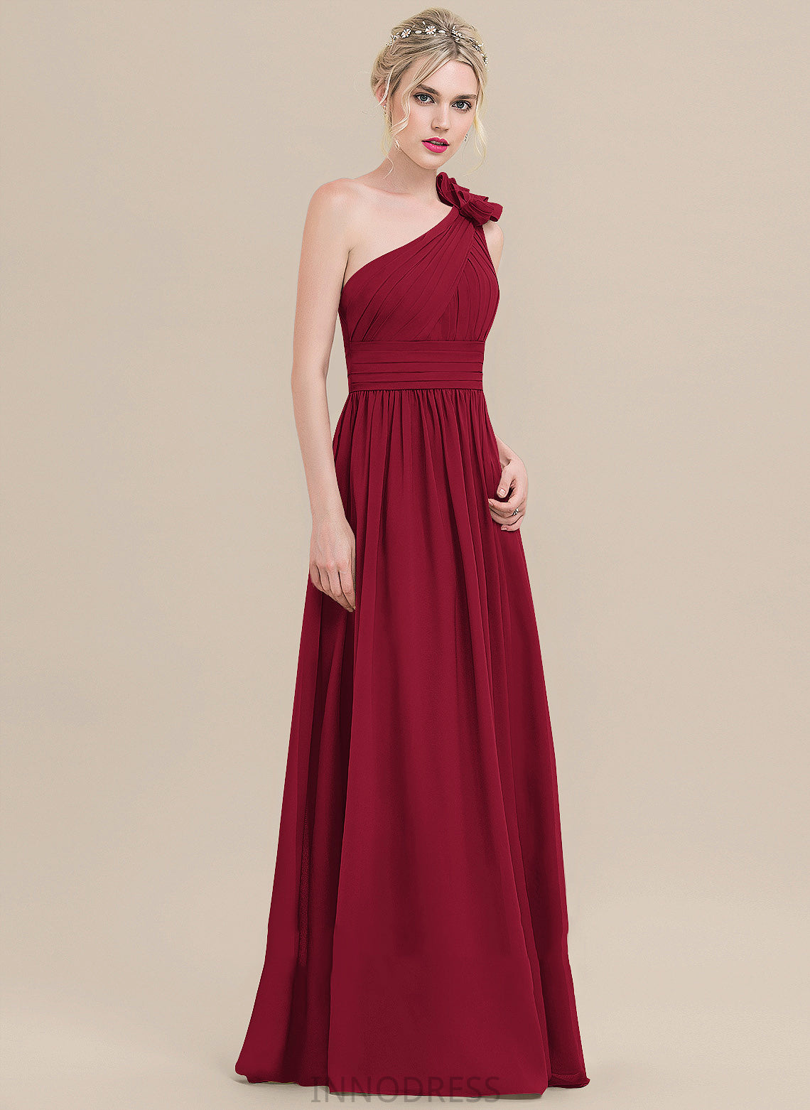 Fabric Silhouette Neckline A-Line Length Flower(s) Pleated Embellishment One-Shoulder Floor-Length Liliana V-Neck Bridesmaid Dresses