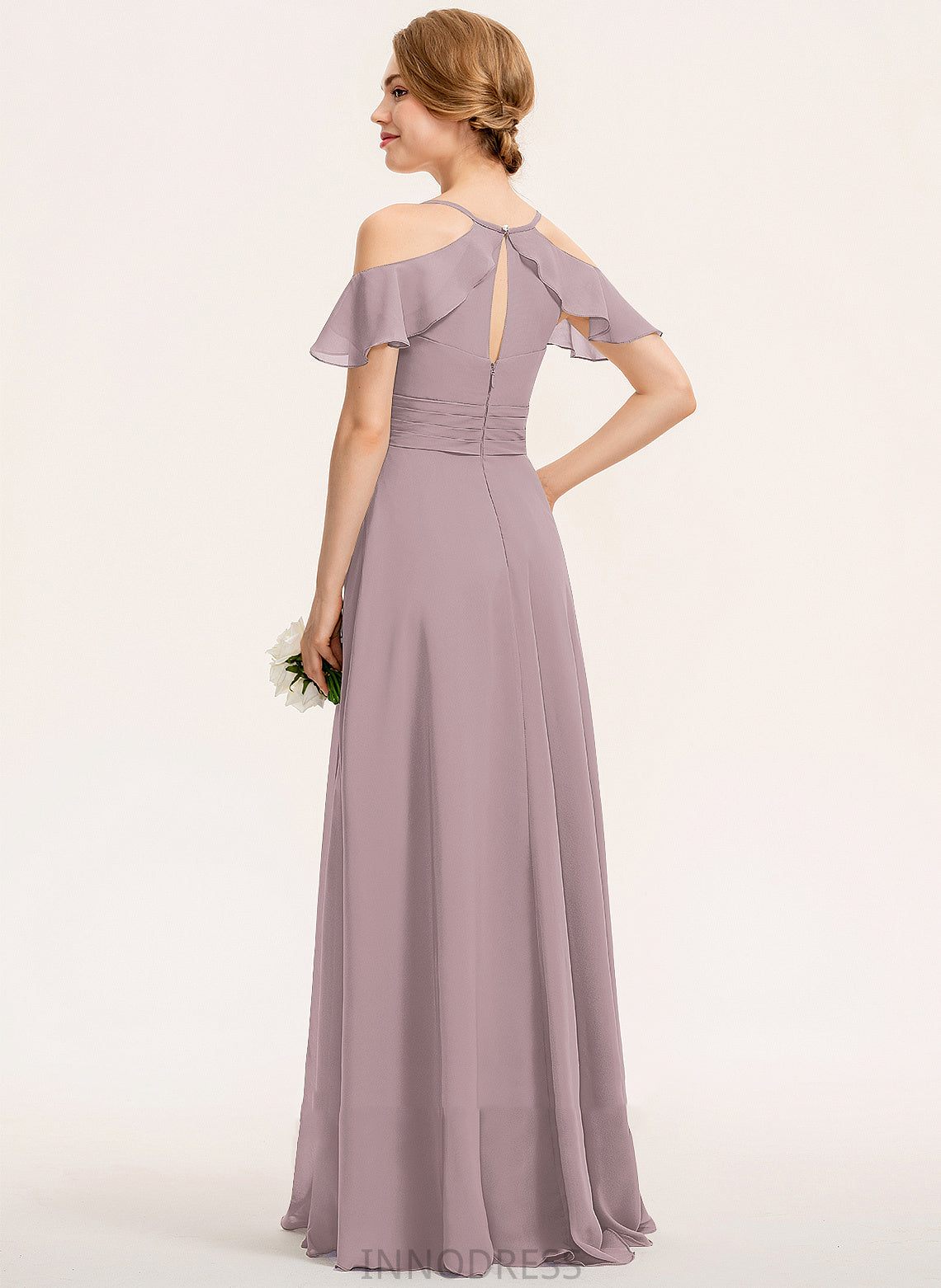 ColdShoulder Silhouette Floor-Length Neckline Length SplitFront CascadingRuffles Embellishment V-neck A-Line Fabric Ruffle Bridesmaid Dresses