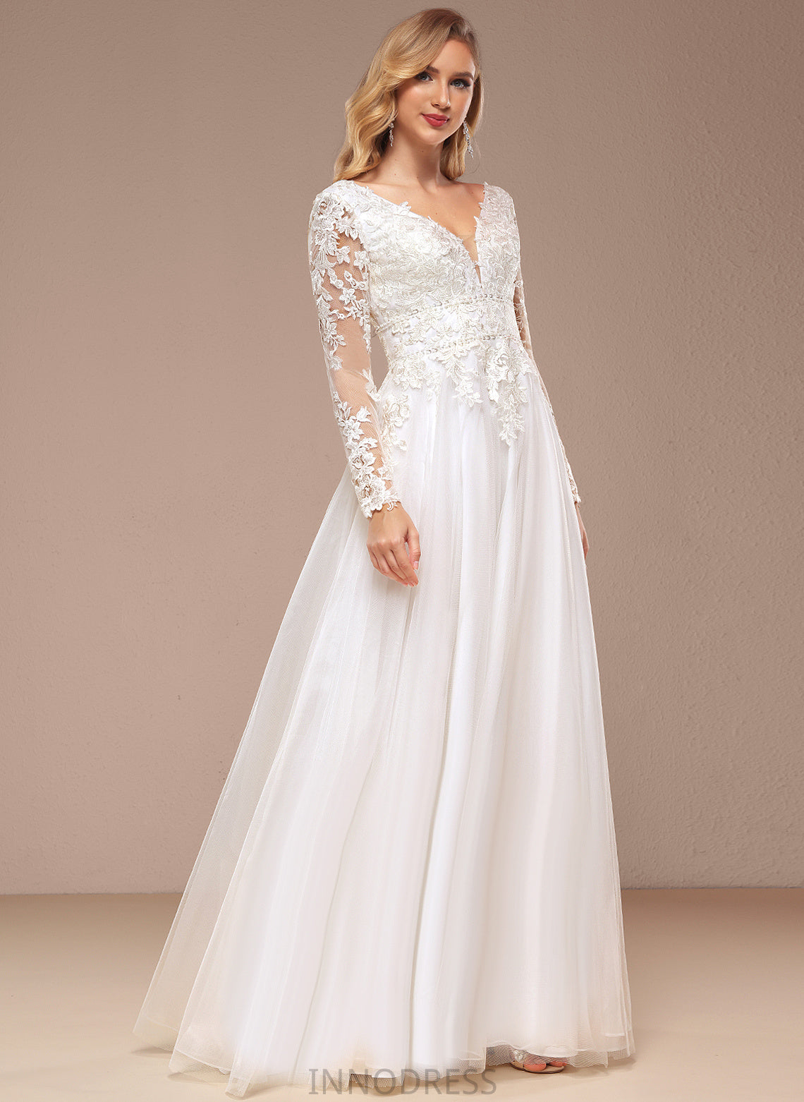 Beading A-Line Floor-Length Tulle V-neck Lace Wedding Dresses Jessica With Sequins Wedding Dress