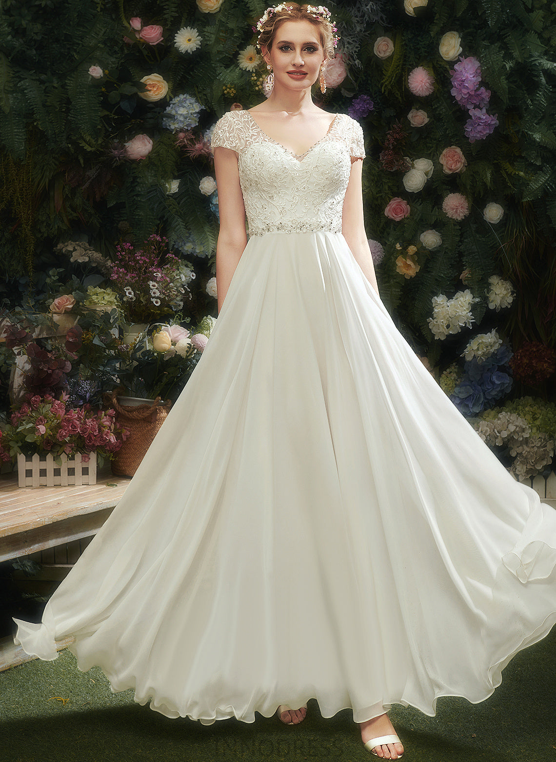 V-neck A-Line Lace Dress Wedding With Wedding Dresses Beading Floor-Length Aleah Sequins Chiffon