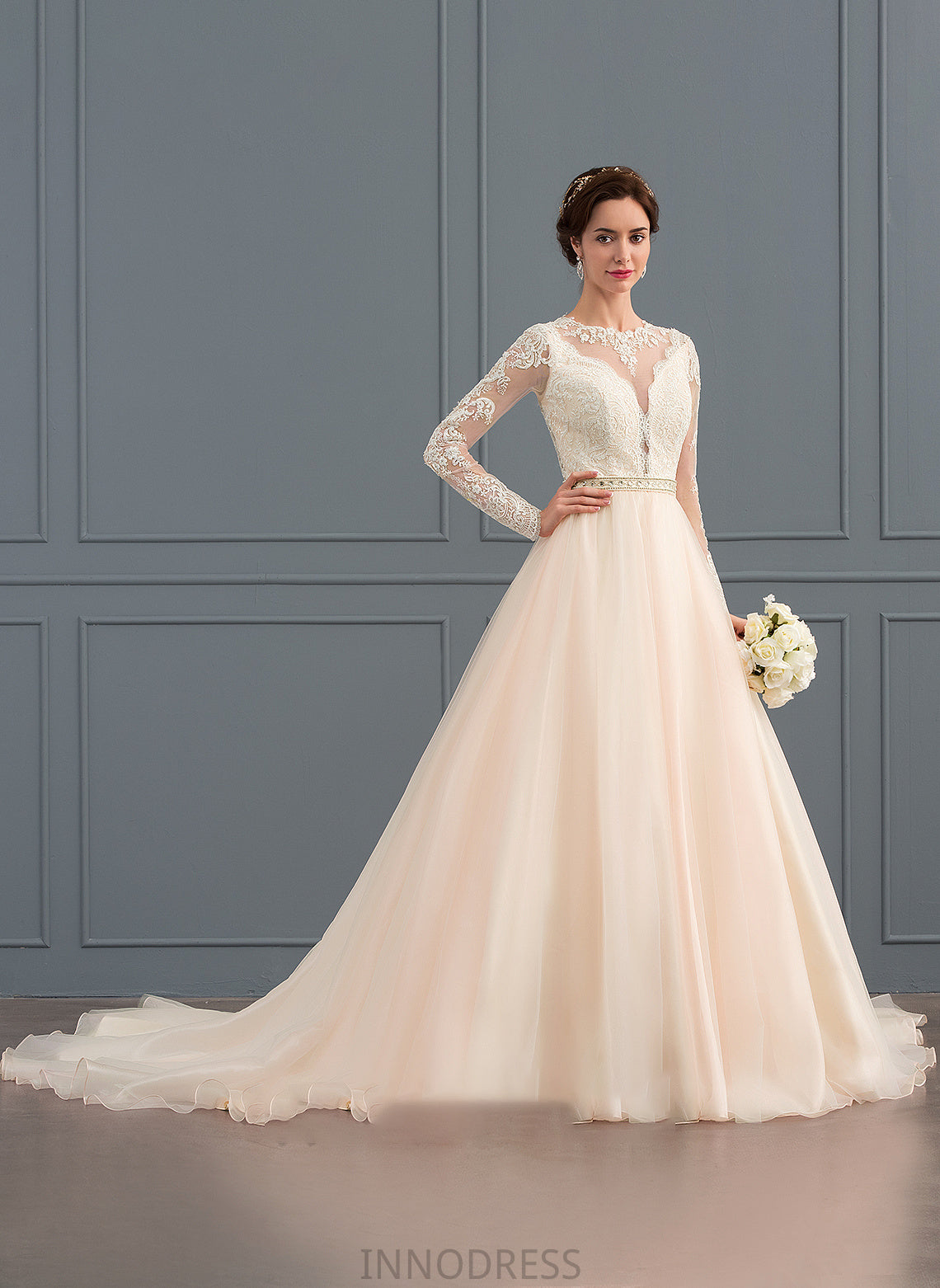 Ball-Gown/Princess Train Chapel Wedding With Dress Wedding Dresses Beading Tulle Scoop Elsa Neck