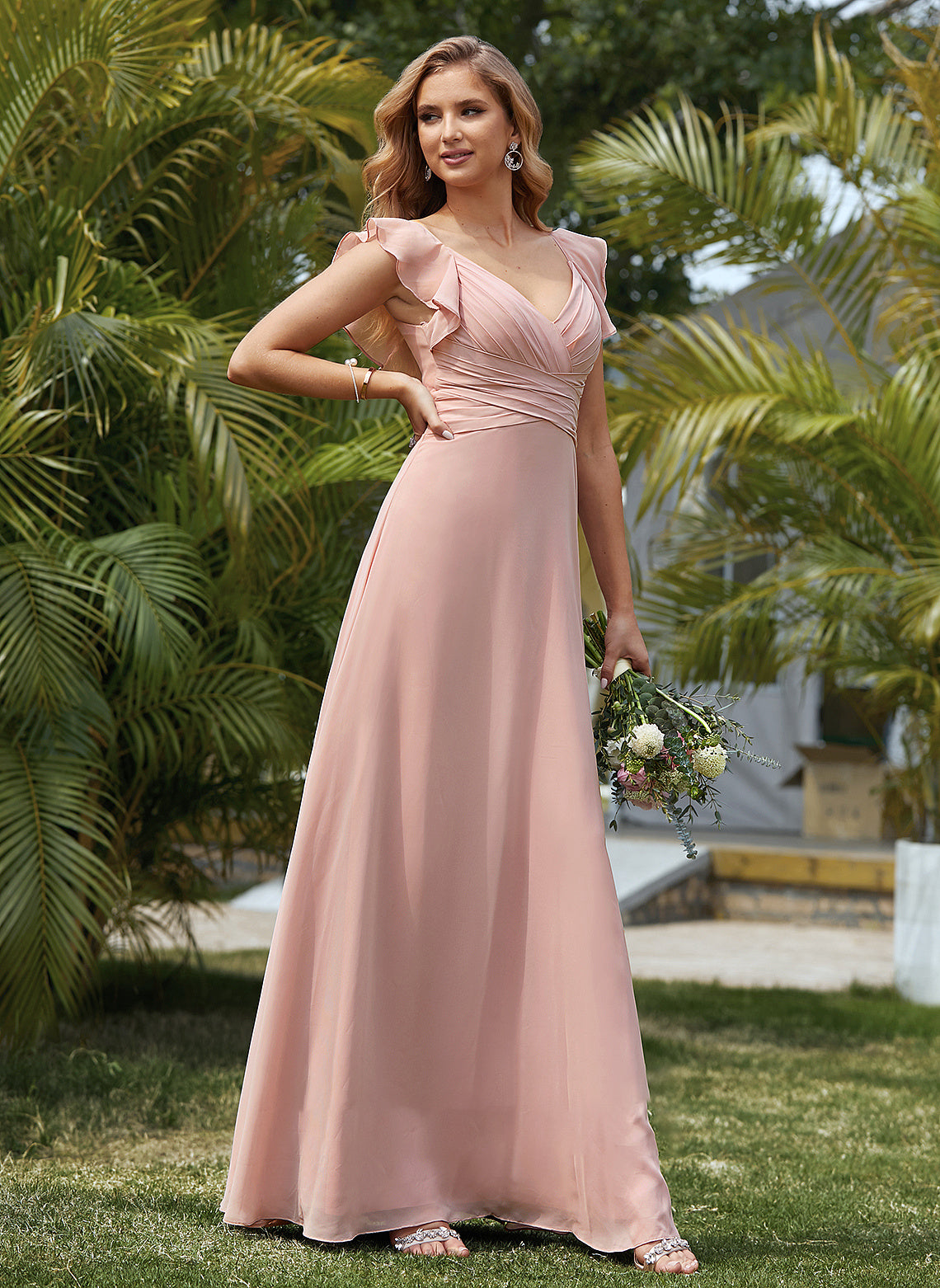 Mikaela Cascading Floor-Length Chiffon Prom Dresses Ruffles V-neck Empire With