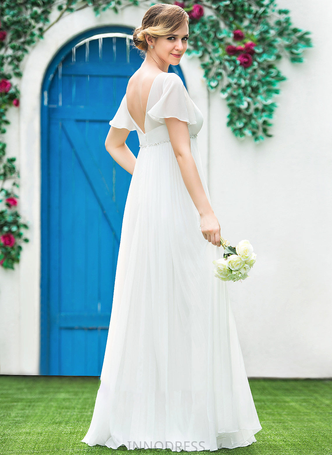 Pleated Wedding Empire Margaret Beading Dress Floor-Length V-neck Chiffon Wedding Dresses With