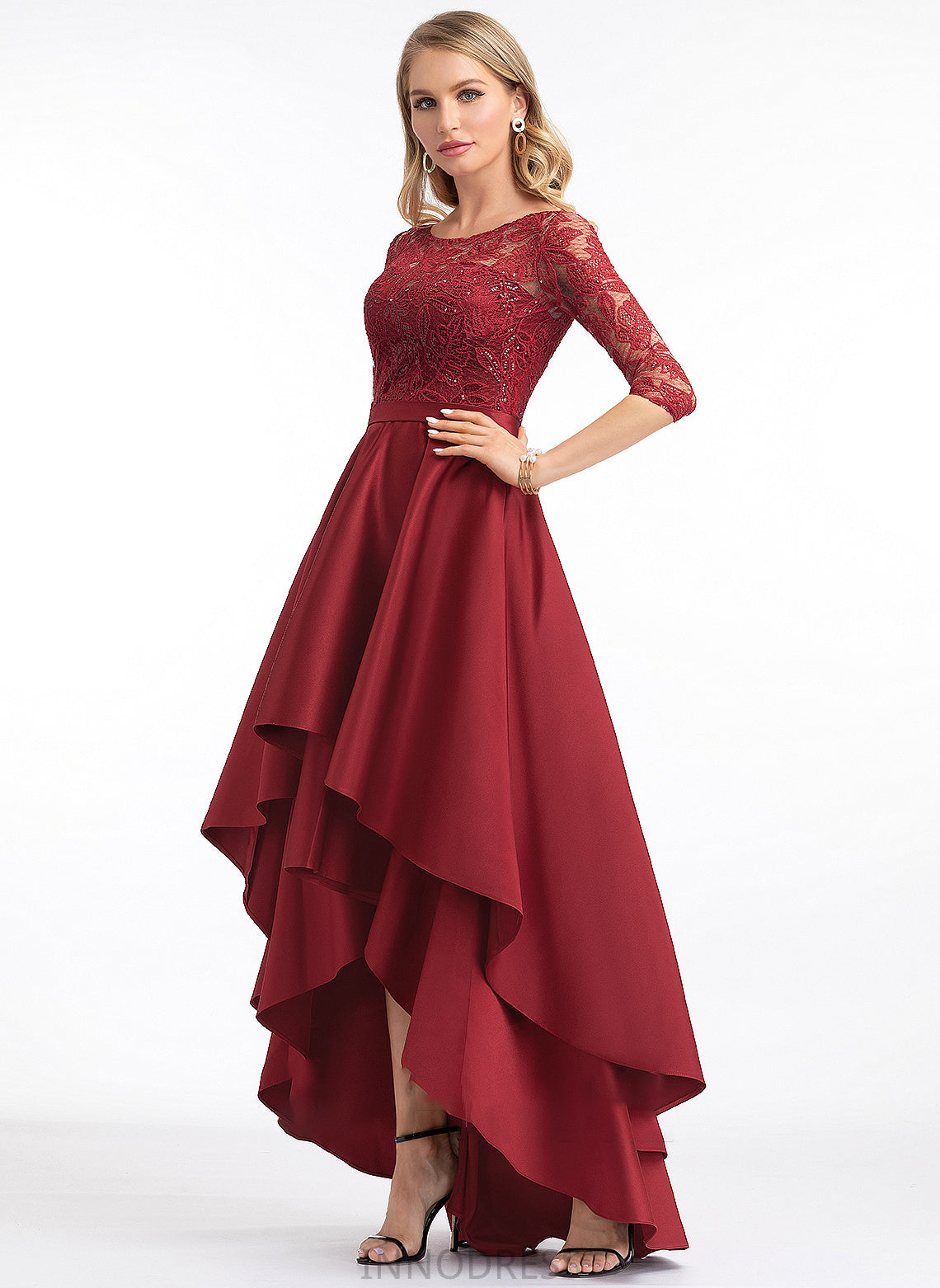 A-Line Asymmetrical Leia Scoop Prom Dresses With Neck Sequins Satin