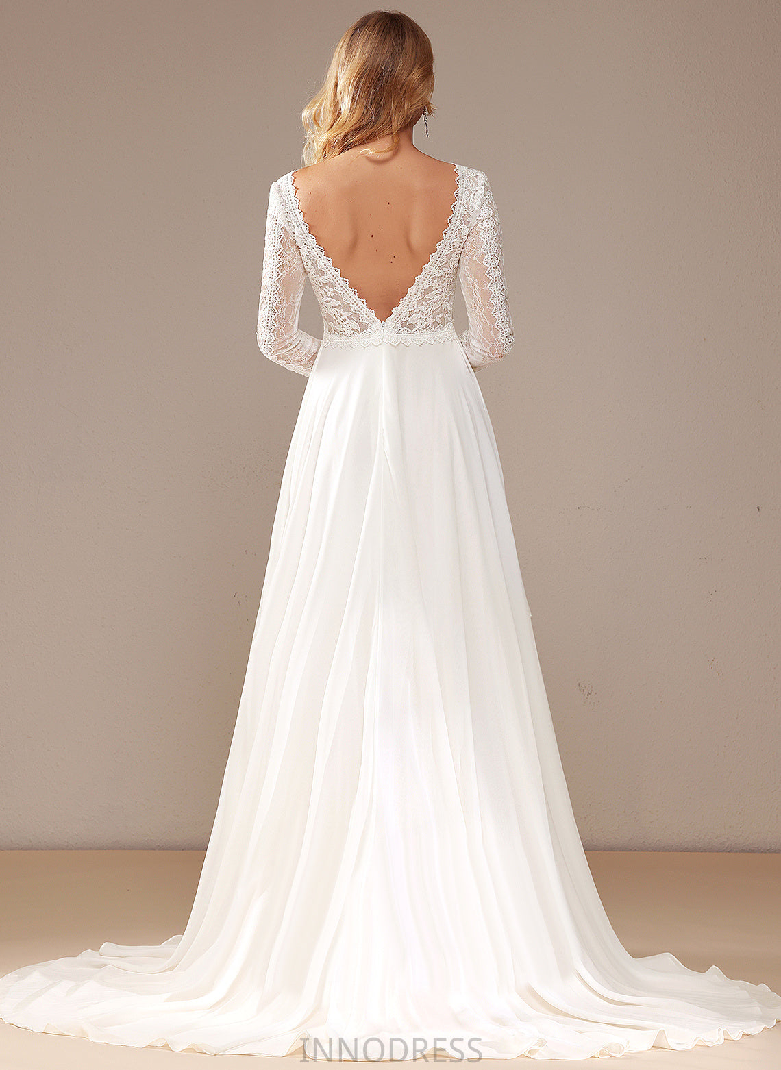 Amirah Wedding A-Line Train Lace With V-neck Court Wedding Dresses Ruffle Lace Chiffon Dress