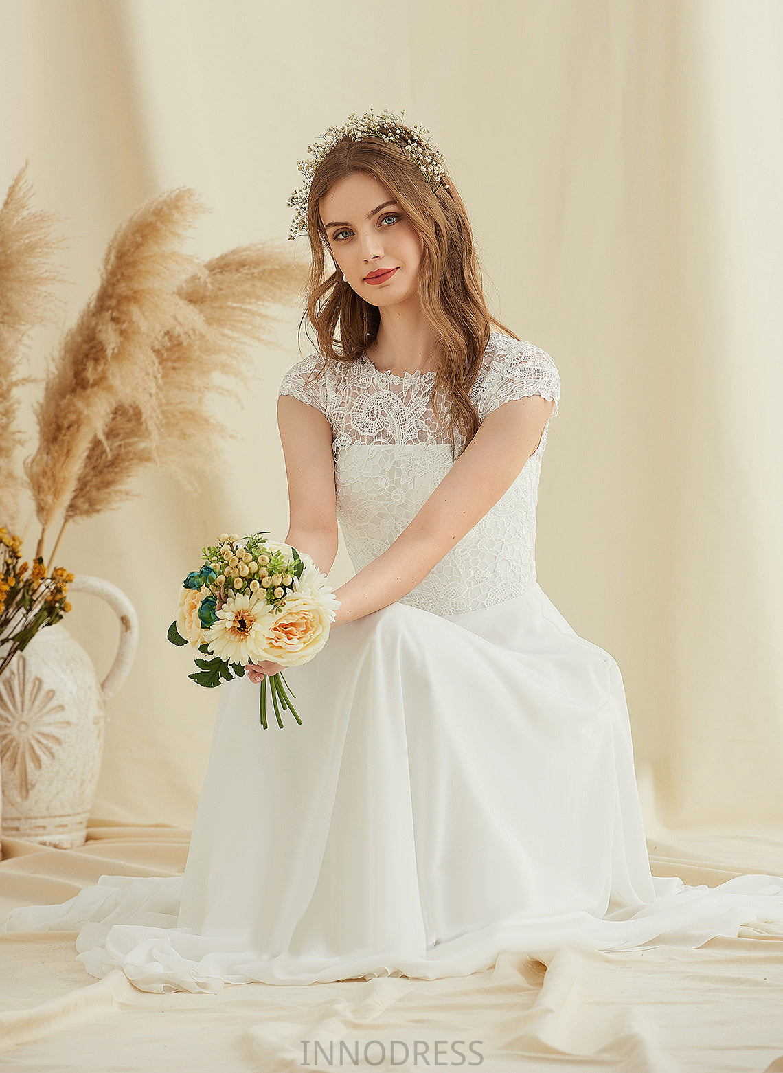 A-Line Wedding Dresses Isabella Wedding Chiffon Floor-Length Lace Dress Scoop