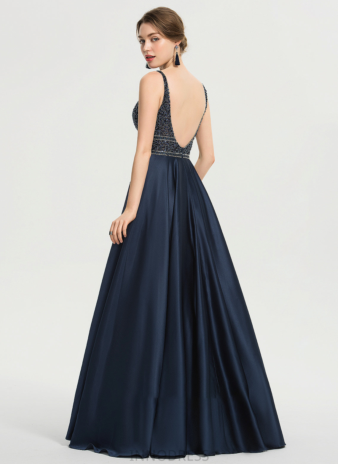 Ball-Gown/Princess V-neck Aubrie Floor-Length Sequins Beading With Prom Dresses Satin