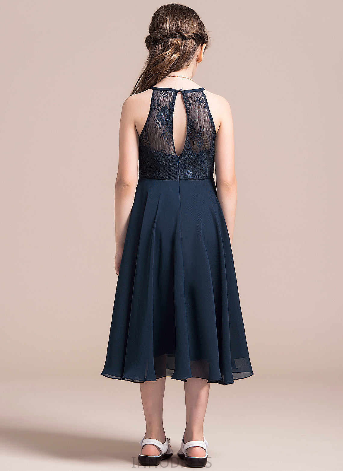 Azul A-Line Junior Bridesmaid Dresses With Neck Ruffle Tea-Length Lace Scoop Chiffon