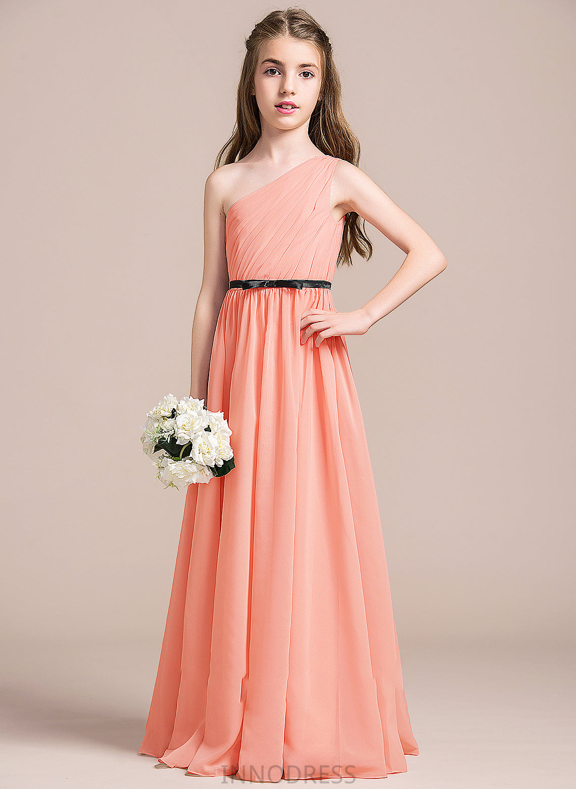 With Ruffle Floor-Length A-Line Junior Bridesmaid Dresses One-Shoulder Chiffon Jessica Bow(s)