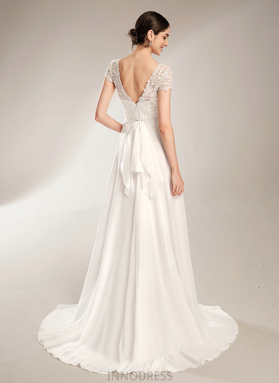 Wedding Lace A-Line With Bow(s) Cloe Court Wedding Dresses Train Chiffon Dress V-neck