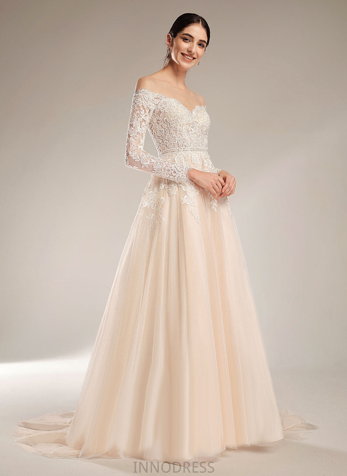 Train Dress Wedding Dresses With Chapel Ball-Gown/Princess Sequins Illusion Lace Jeanie Wedding Tulle