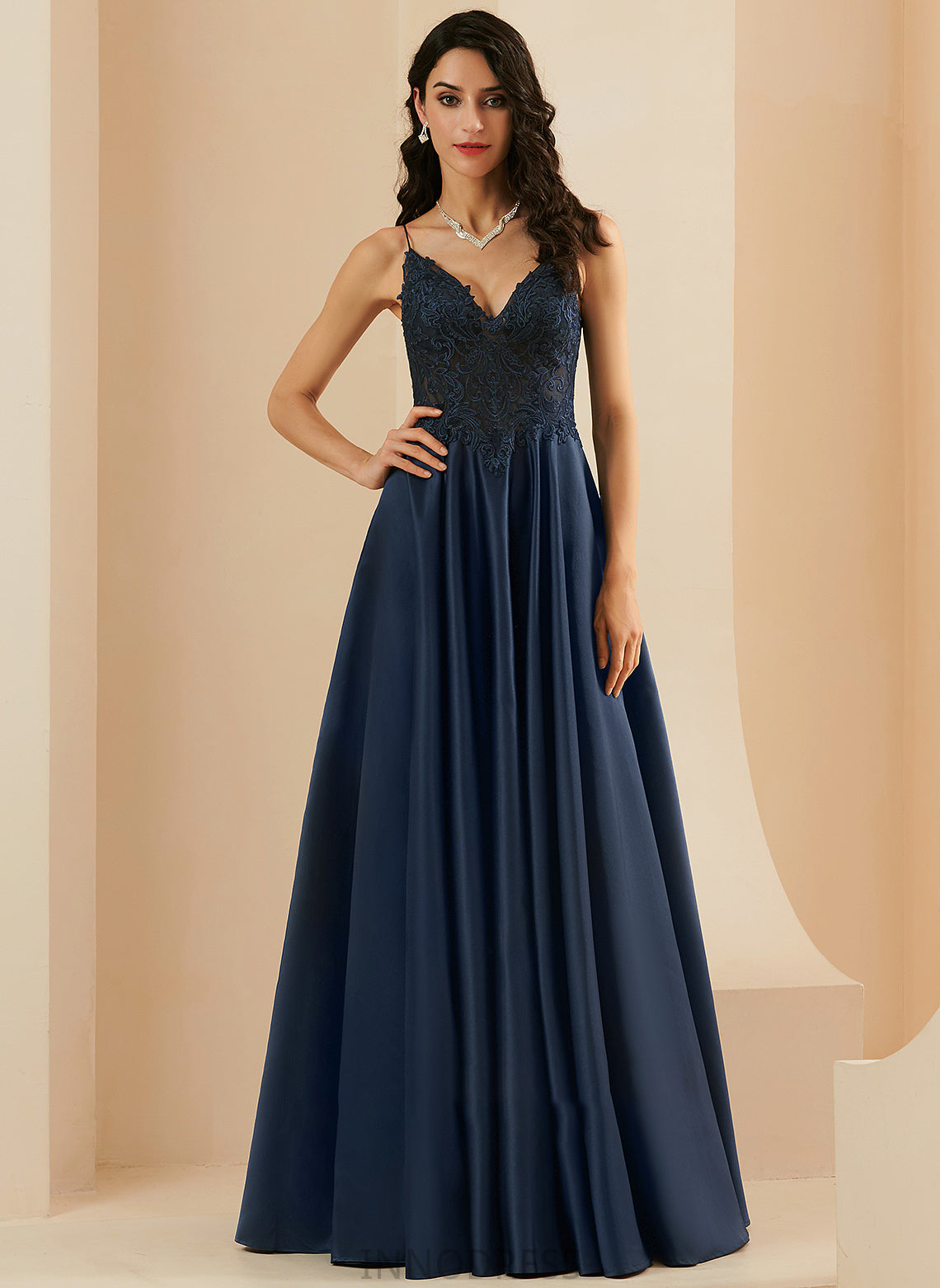 Satin Floor-Length Breanna A-Line Prom Dresses With V-neck Lace