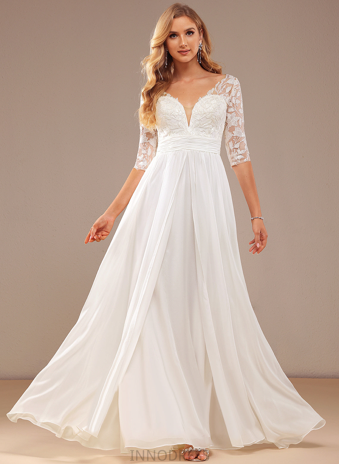 Ruffle A-Line Wedding Dresses With Chiffon Saige Dress Lace V-neck Lace Floor-Length Sequins Wedding