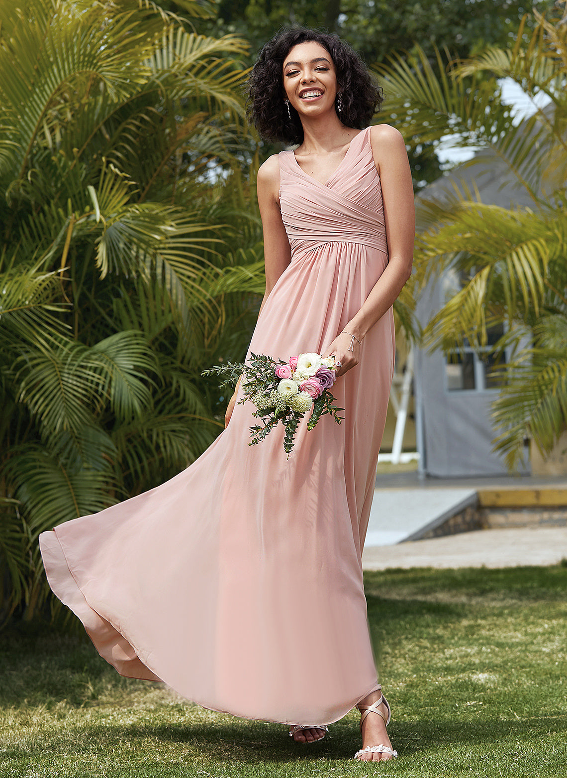 A-Line Fabric Pleated Neckline V-neck Floor-Length Length Silhouette Embellishment Aracely Floor Length A-Line/Princess Bridesmaid Dresses