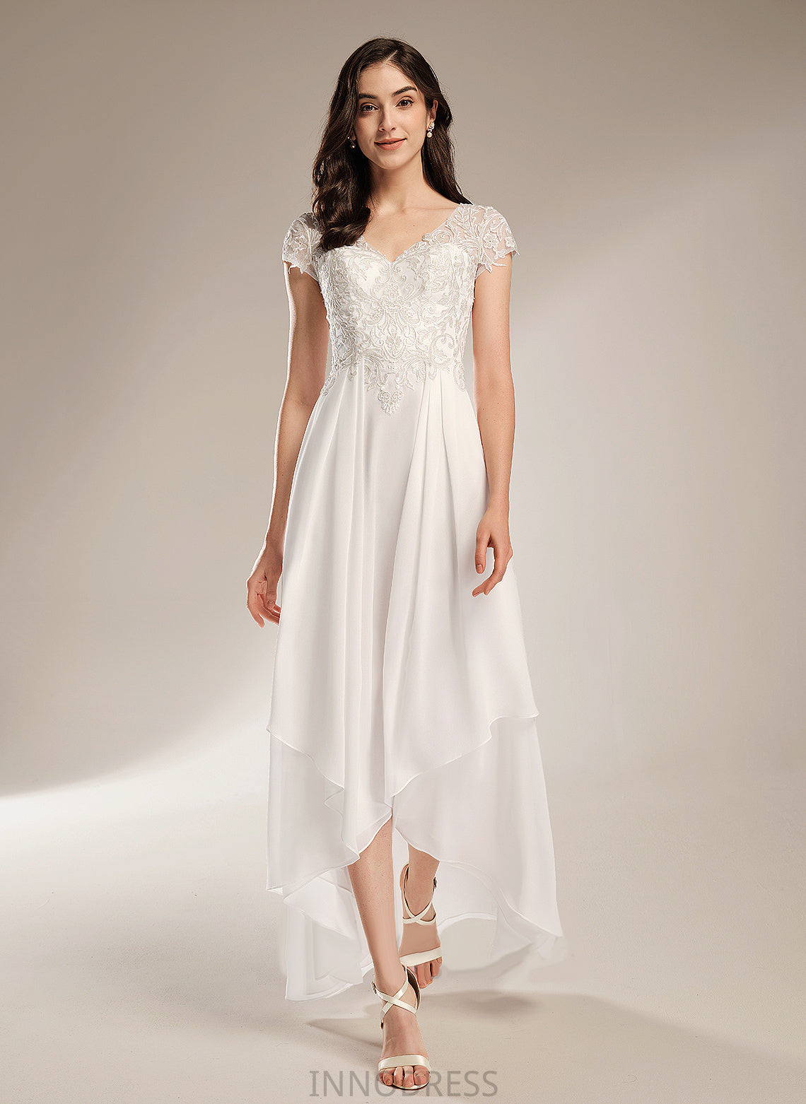 Asymmetrical Carla Wedding Dresses Chiffon A-Line Wedding V-neck Lace Dress