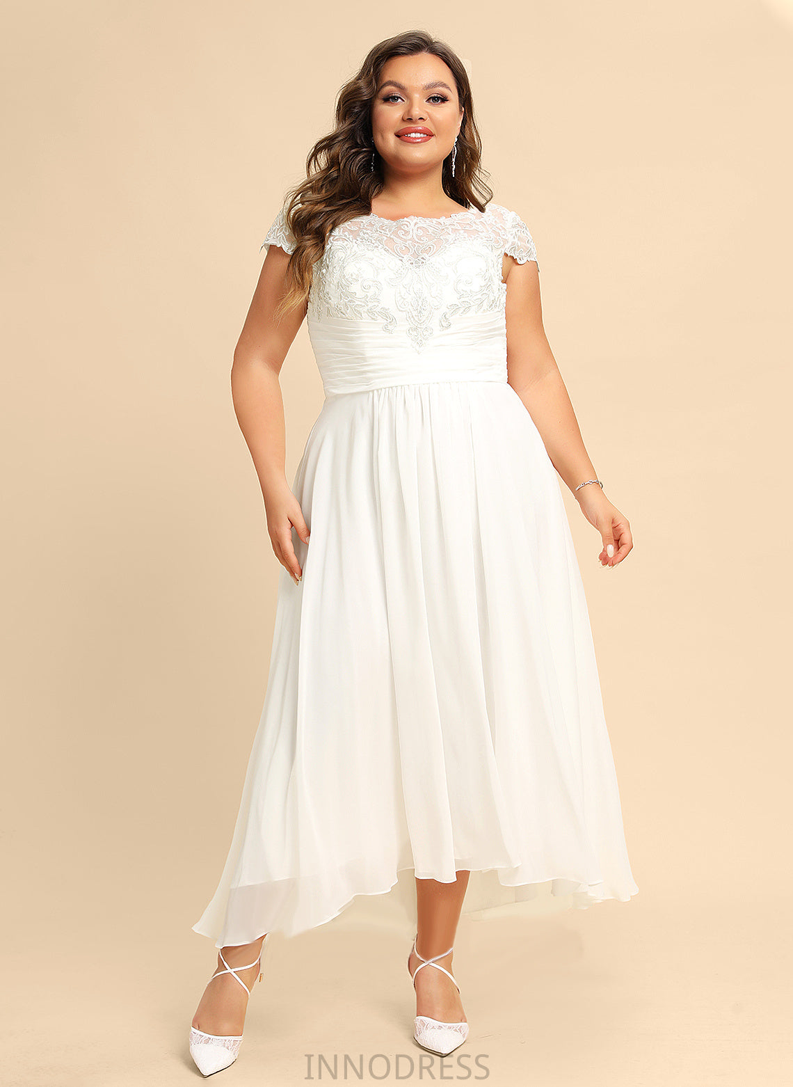 Scoop Dress A-Line Chiffon Natasha Wedding Lace Neck Asymmetrical Wedding Dresses