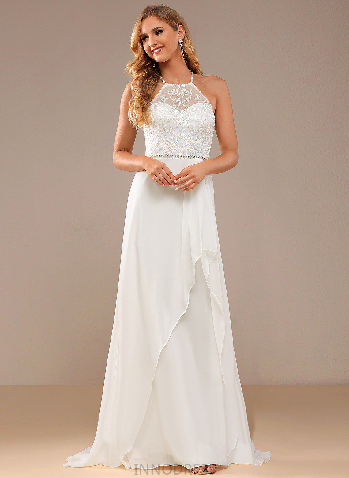 Chiffon Wedding Beading Train Neck A-Line Lace Lace Tracy High Sequins Sweep With Dress Wedding Dresses