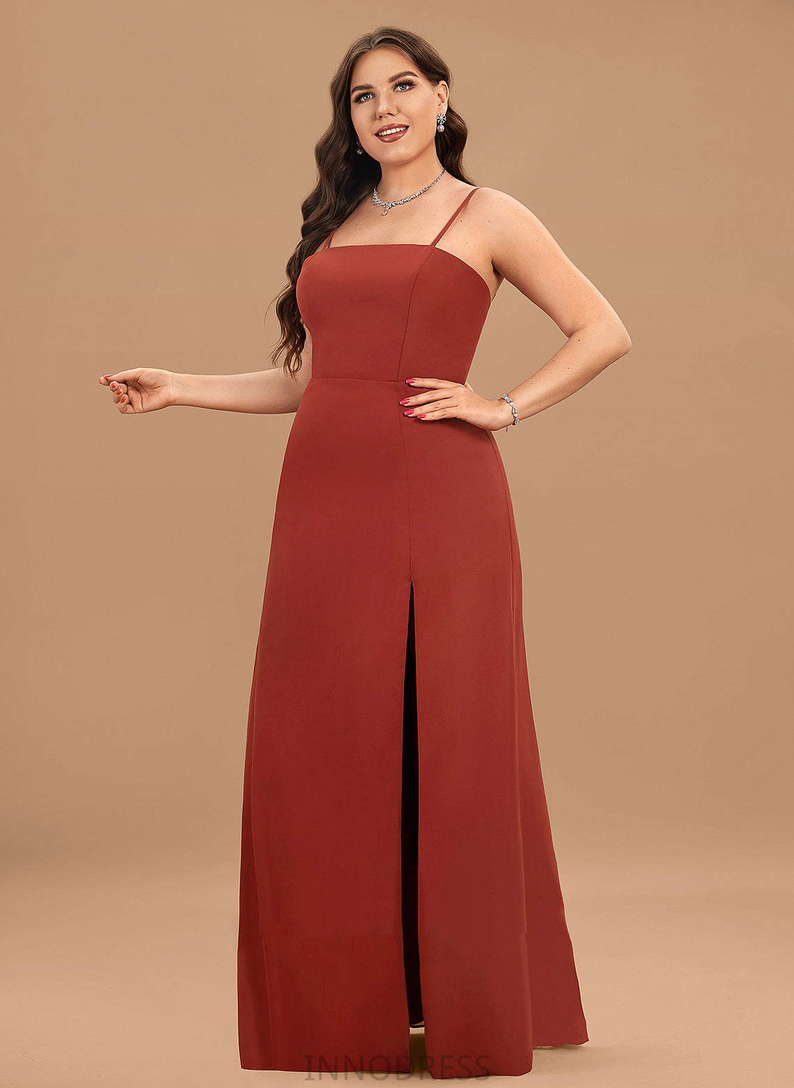 Silhouette Embellishment Floor-Length Fabric Sheath/Column Length SplitFront SquareNeckline Neckline Karen A-Line/Princess Natural Waist Bridesmaid Dresses