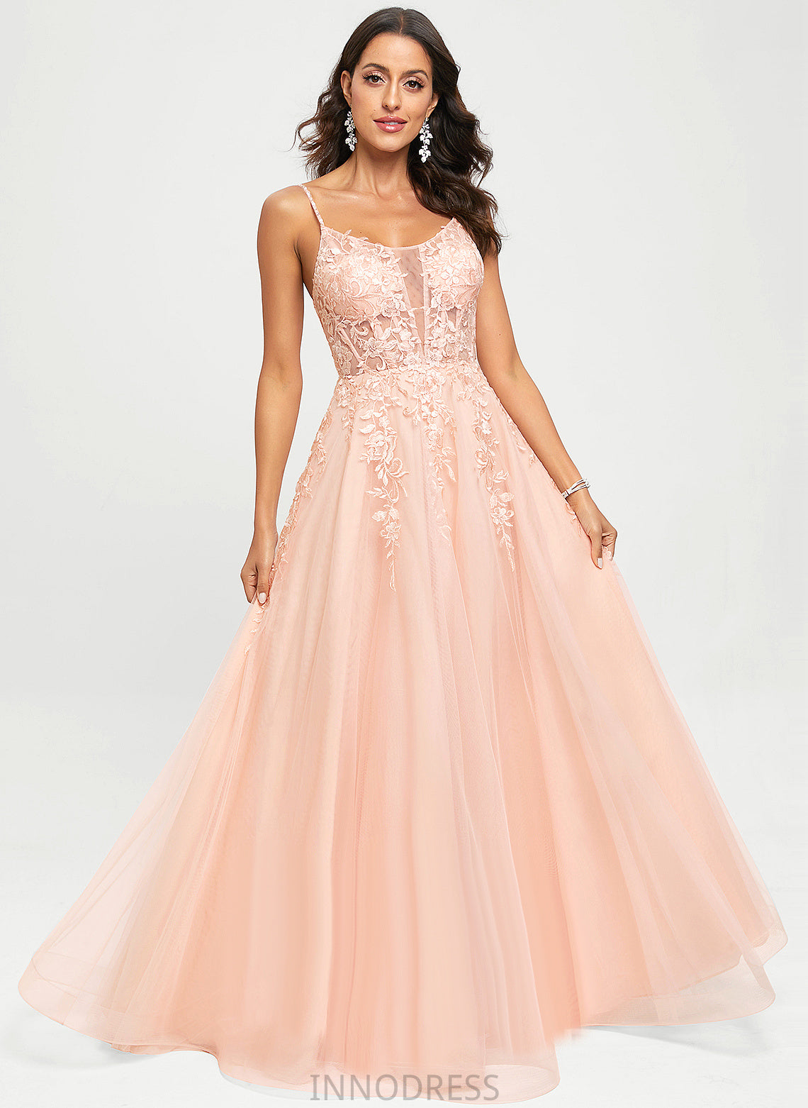 Marcia Tulle Sequins A-Line Scoop With Prom Dresses Floor-Length Lace