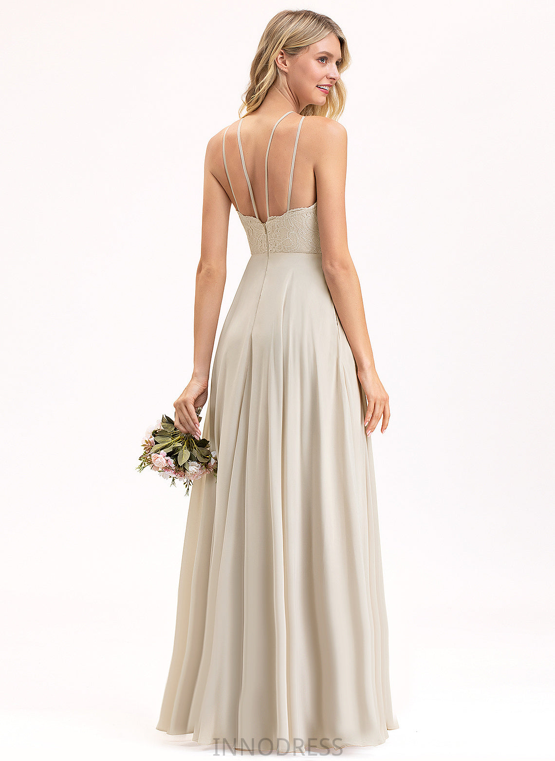 A-Line Fabric Silhouette Floor-Length Length Scoop Lace Neckline Straps&Sleeves Nell Sheath/Column Sleeveless Bridesmaid Dresses