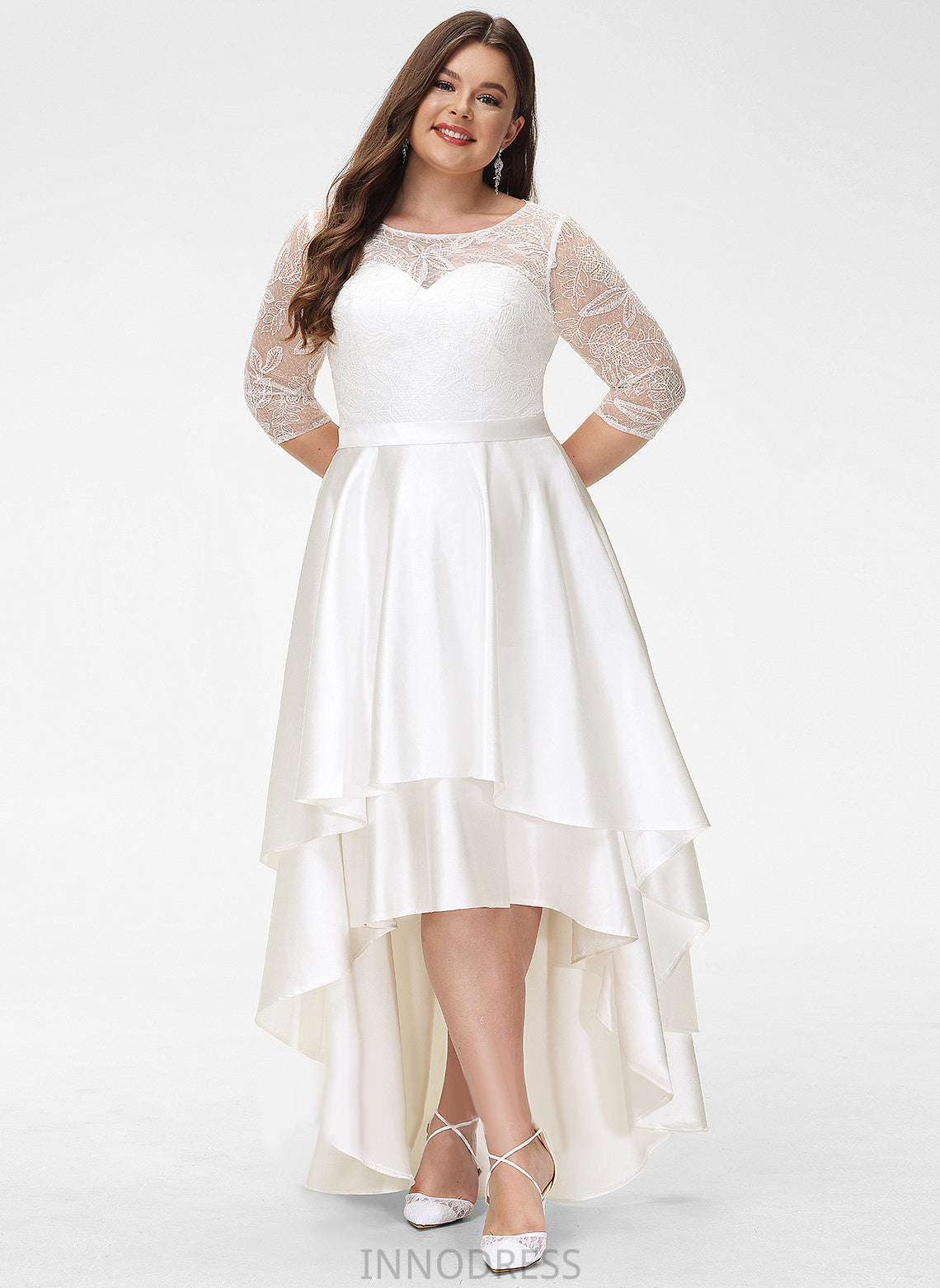 Joanna Wedding Scoop Asymmetrical Dress Satin Lace Wedding Dresses A-Line