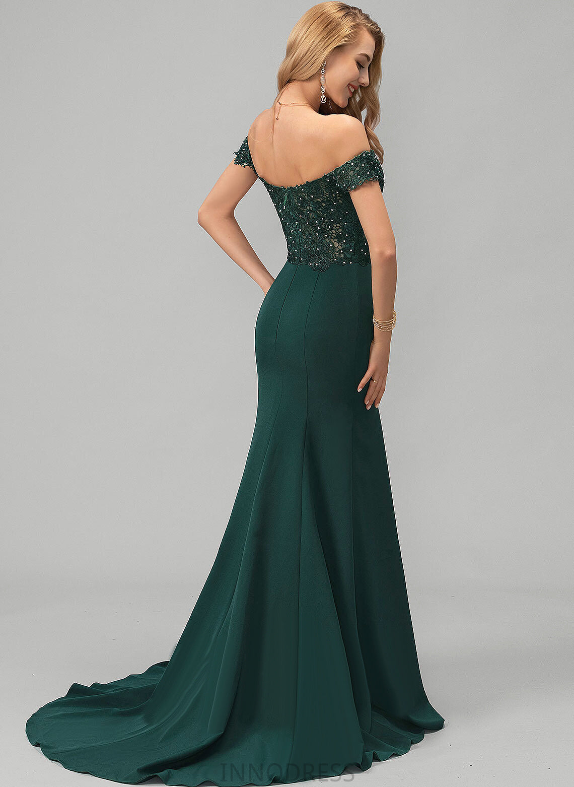 Sweep Train Kylie Prom Dresses With Trumpet/Mermaid Off-the-Shoulder Beading Stretch Crepe Sequins