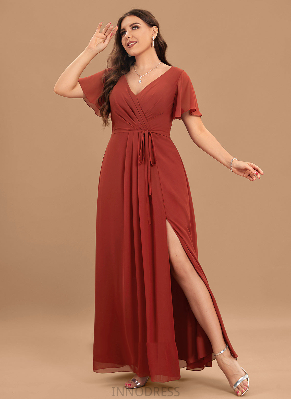 V-neck Silhouette SplitFront Fabric Neckline Embellishment Floor-Length A-Line Length Desiree Natural Waist Spaghetti Staps Bridesmaid Dresses