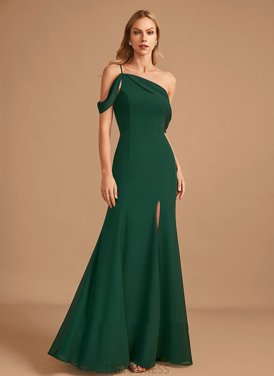 Silhouette Embellishment Neckline Trumpet/Mermaid Length One-Shoulder Floor-Length Fabric SplitFront Deborah Scoop A-Line/Princess Bridesmaid Dresses