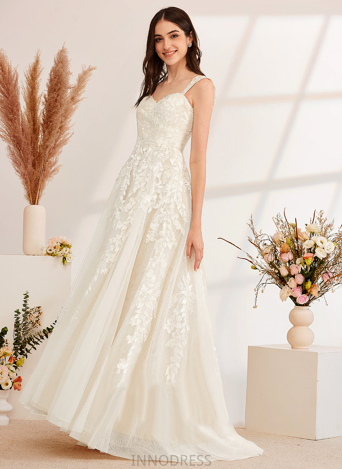 Wedding Train Dress With Beading A-Line Off-the-Shoulder Lace Sequins Wedding Dresses Tulle Sweep Melody