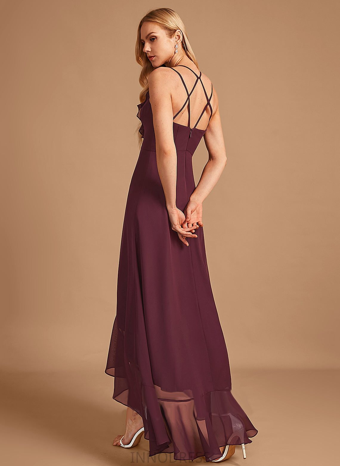 Silhouette V-neck Fabric SplitFront A-Line Asymmetrical Neckline Length Embellishment Ruffle Kristina Sleeveless Bridesmaid Dresses