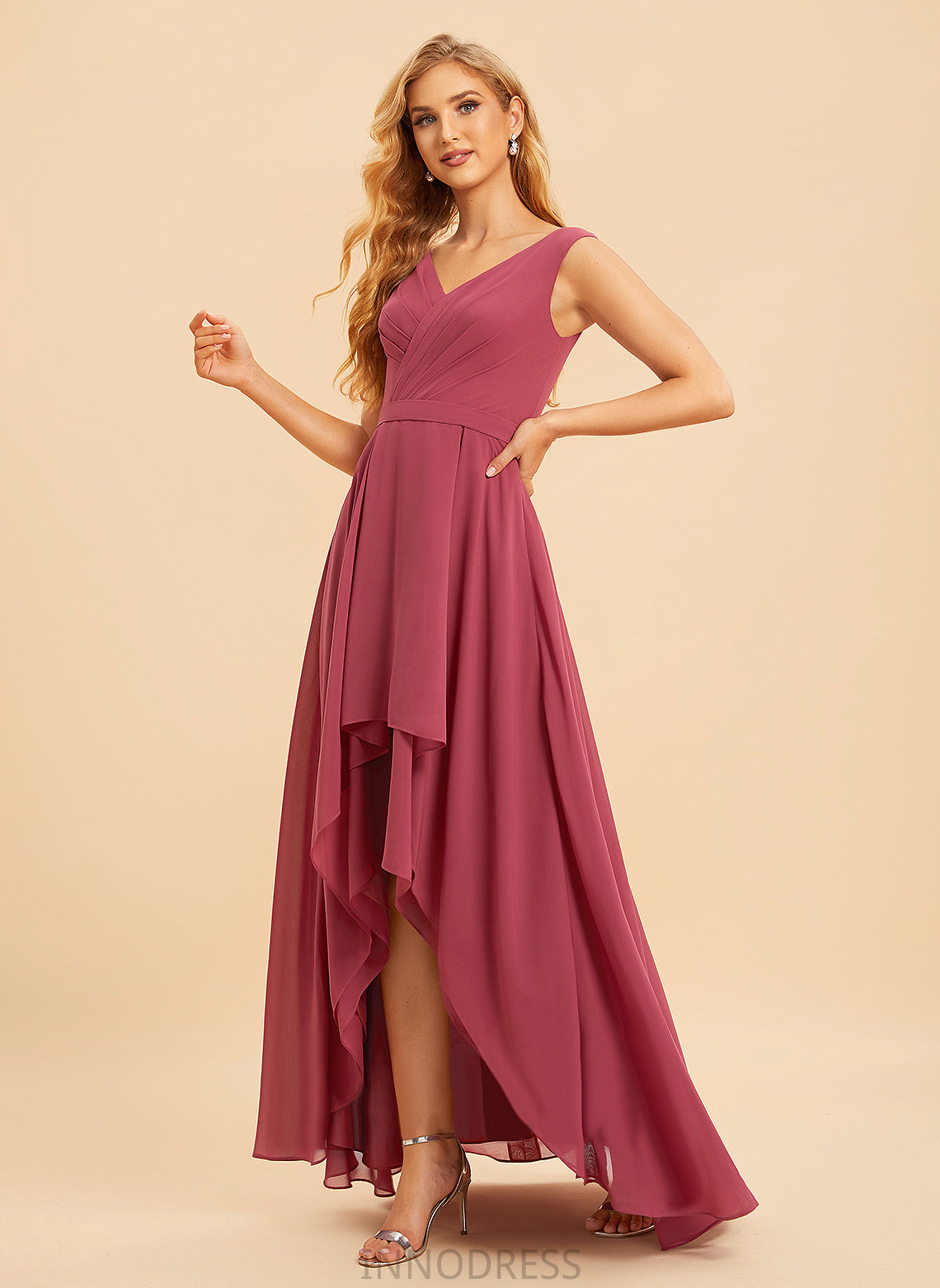 Asymmetrical Length V-neck A-Line Embellishment Ruffle Fabric Neckline Silhouette Sandra Sheath/Column Sleeveless Bridesmaid Dresses