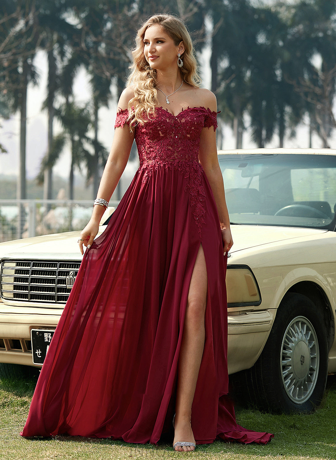 Prom Dresses A-Line Chiffon Nyla Sweep Sequins With Off-the-Shoulder Lace Train