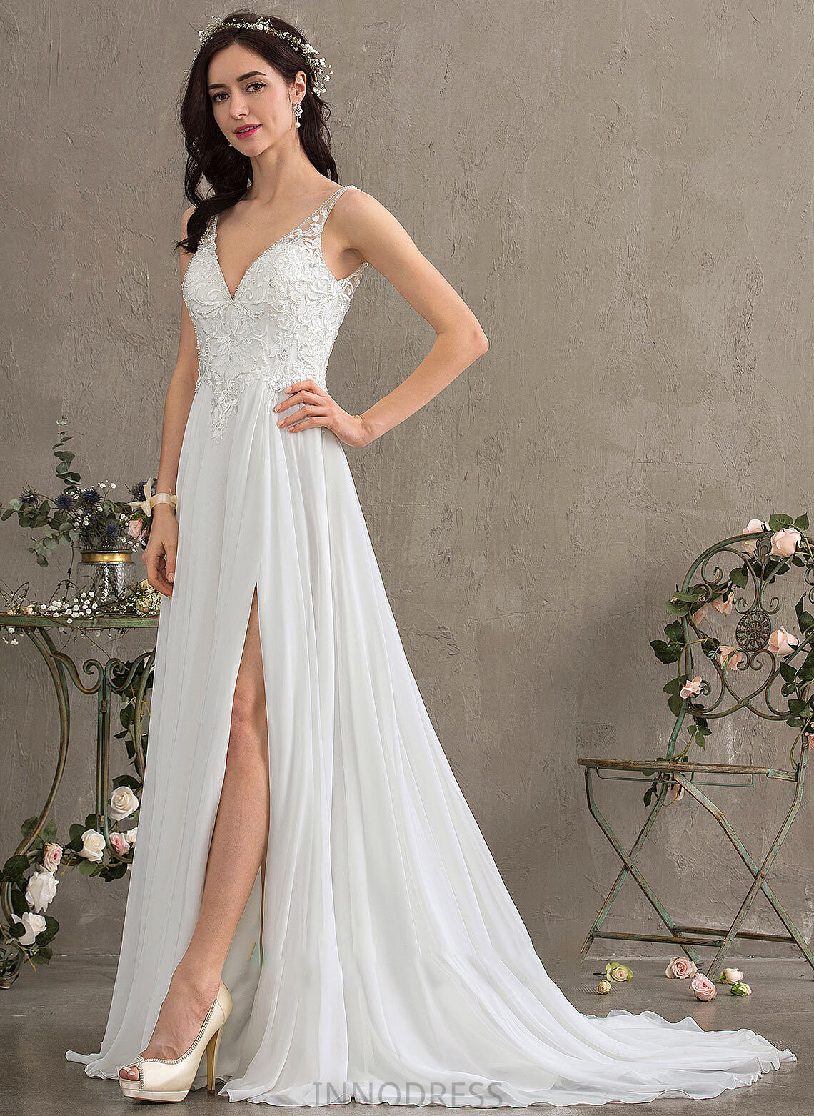 Sequins Dress Wedding Split A-Line V-neck Chiffon Beading Sadie Wedding Dresses Front Sweep With Train