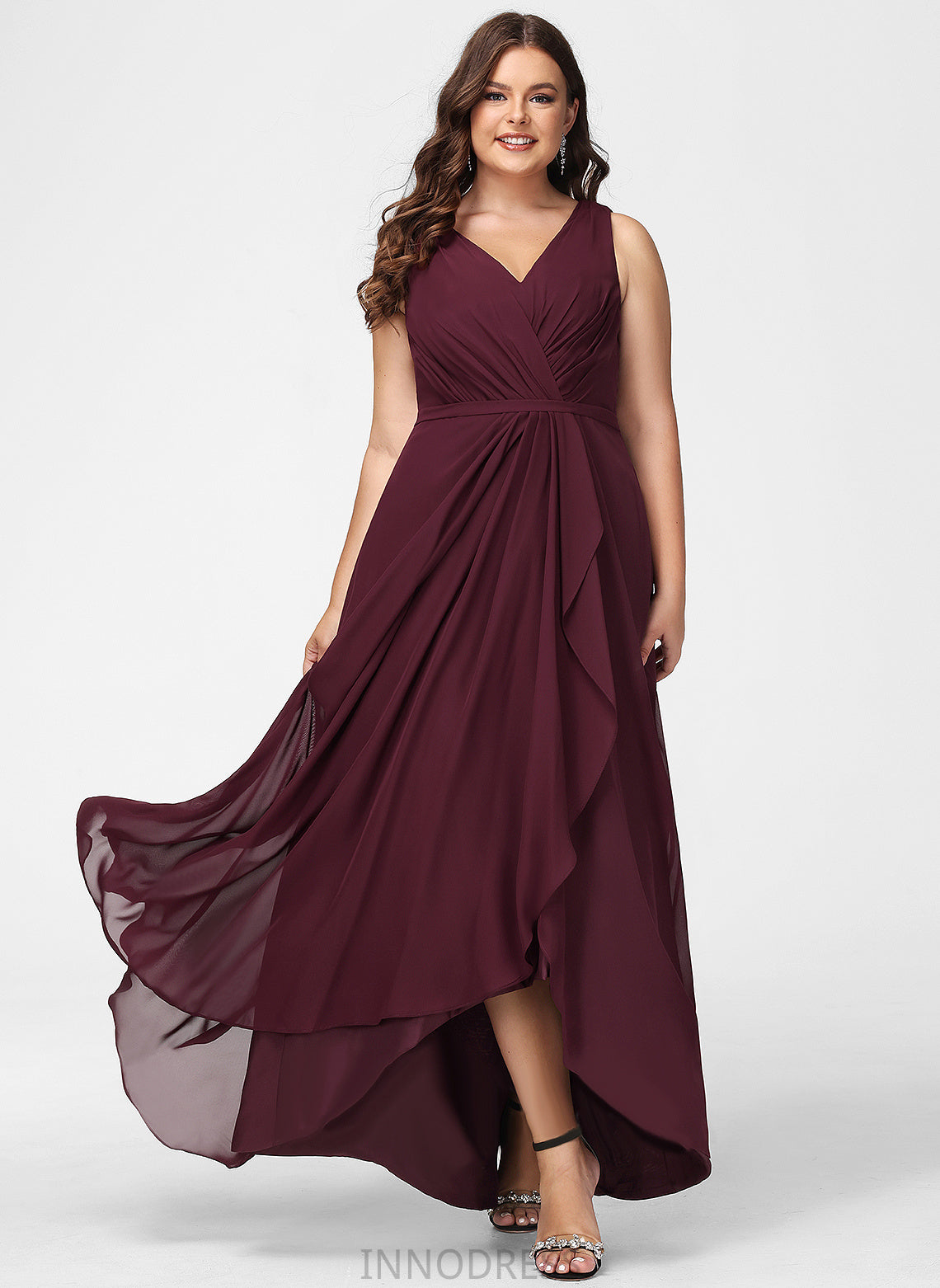 Embellishment Length Neckline A-Line SplitFront Asymmetrical Silhouette Fabric V-neck Ginny Cap Sleeves Natural Waist Bridesmaid Dresses