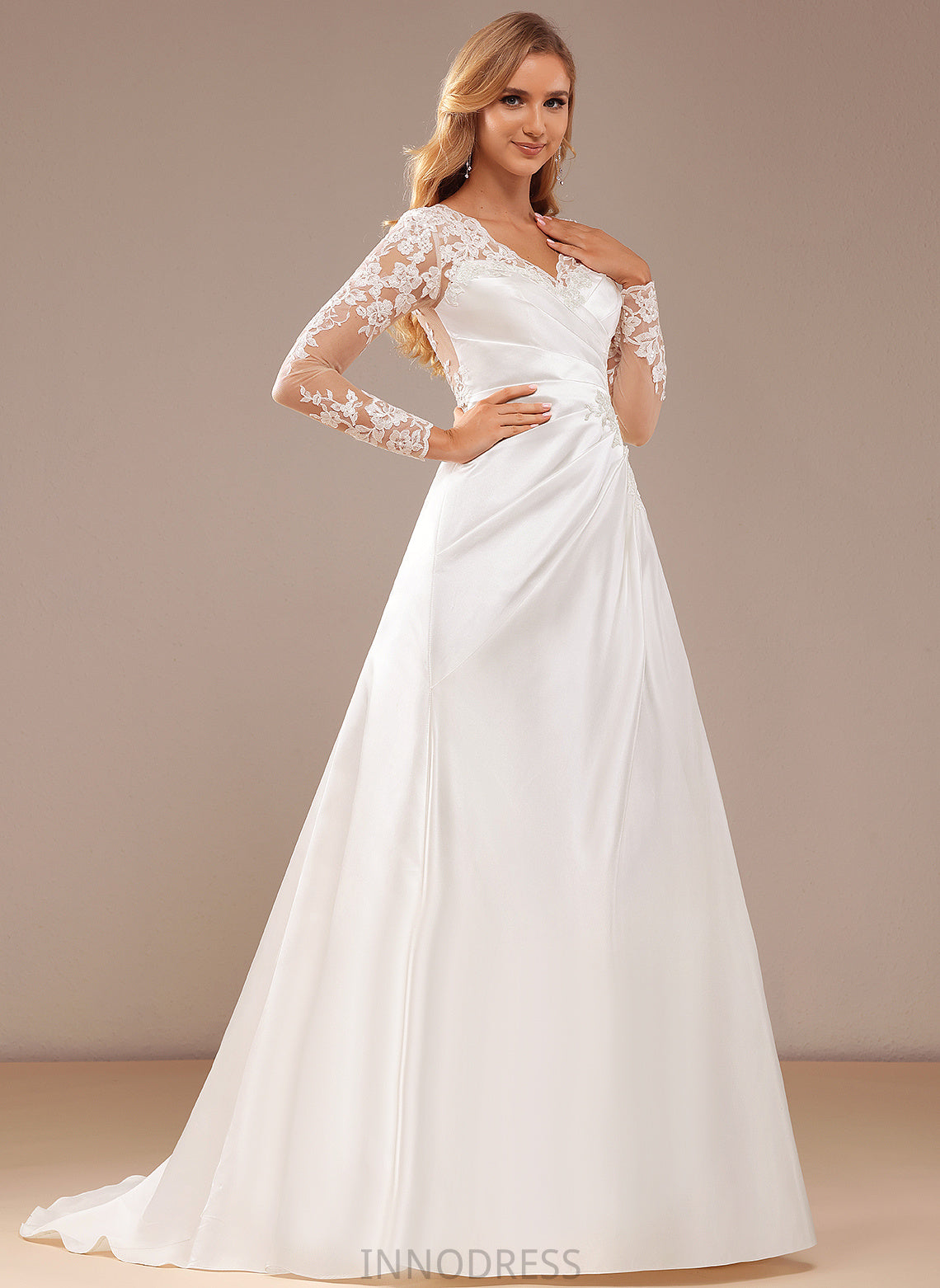 Wedding Court V-neck Satin Lace Wedding Dresses Lillie A-Line Train Lace Dress Sequins With