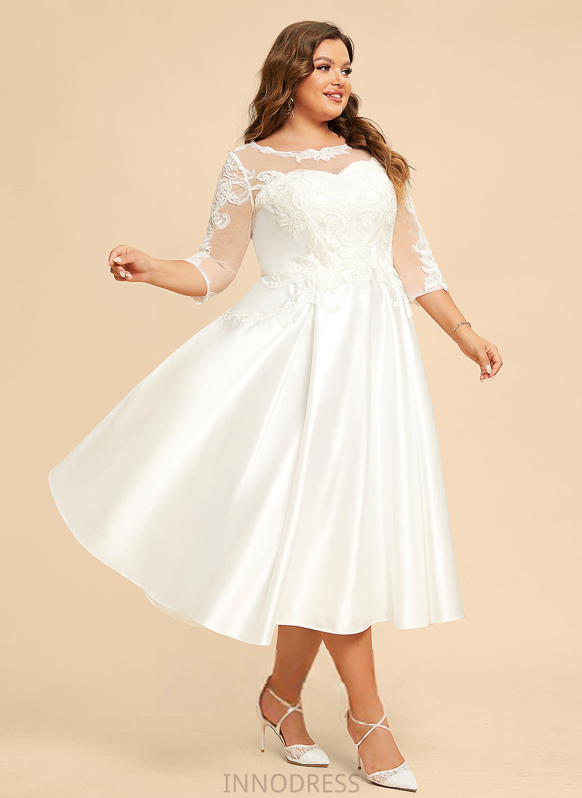 Wedding Dresses Illusion Alma Wedding Satin Lace Dress With Tea-Length A-Line