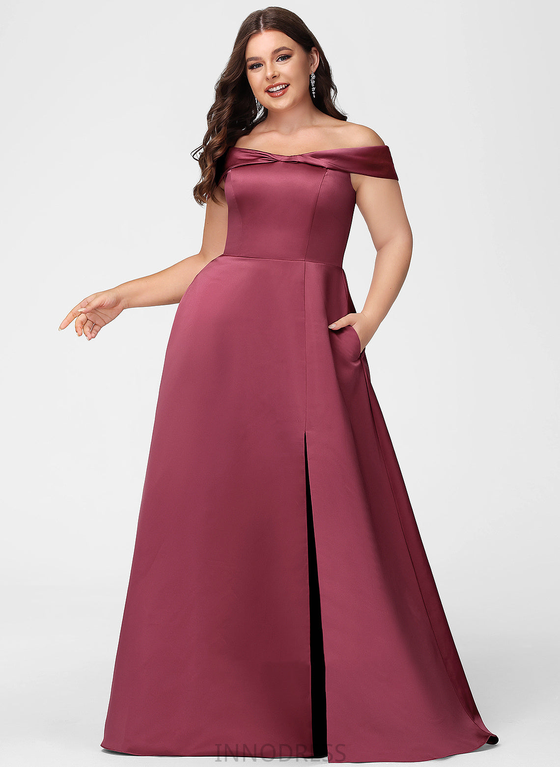 Floor-Length Length Off-the-Shoulder Silhouette SplitFront Fabric A-Line Neckline Embellishment Lina Taffeta Floor Length Bridesmaid Dresses