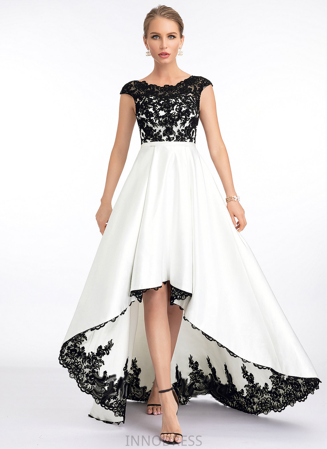 A-Line Asymmetrical Giuliana Lace Satin Wedding Wedding Dresses Scoop Illusion Dress