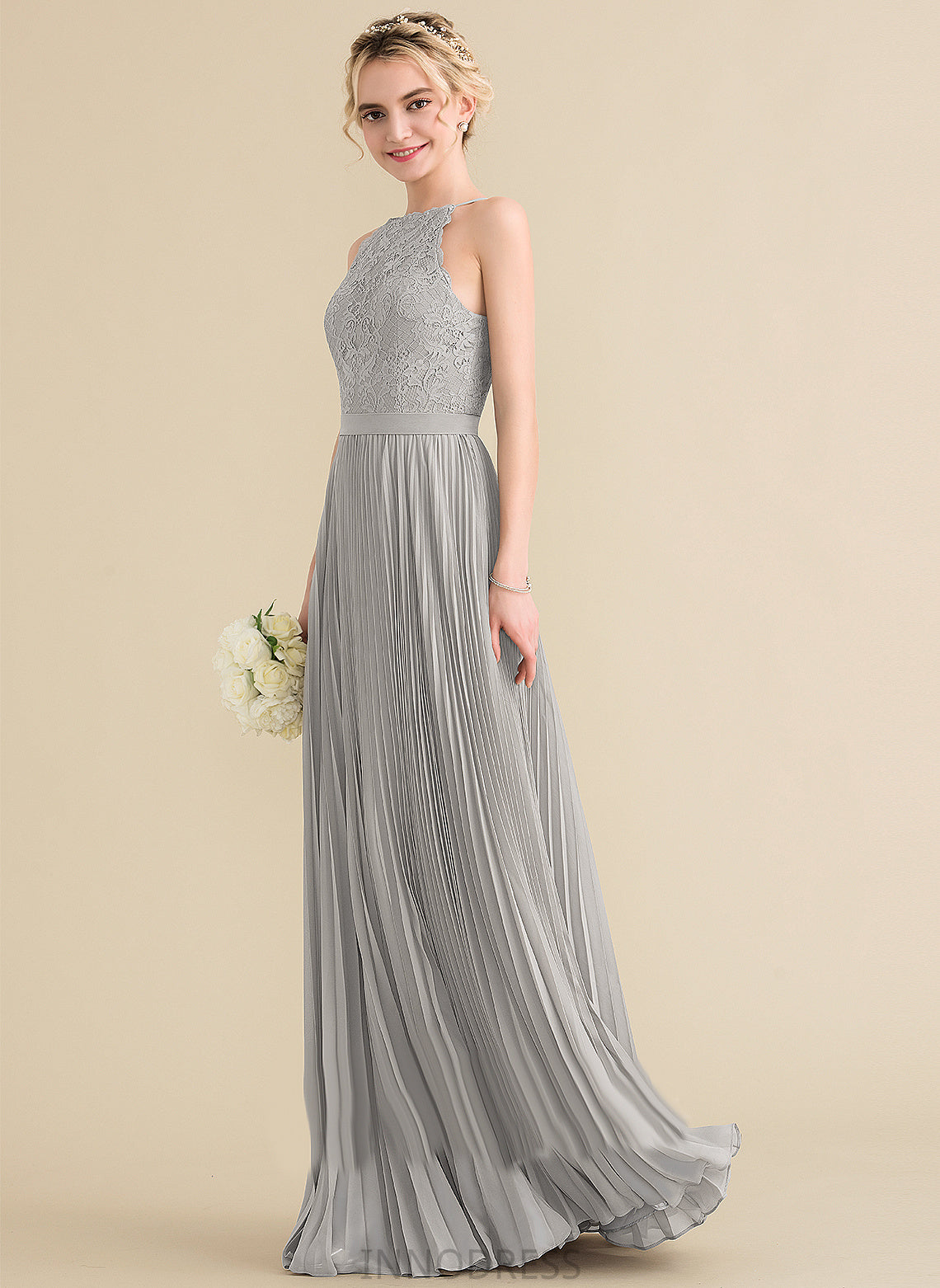 Silhouette Neckline Length Embellishment Scoop A-Line Fabric Floor-Length Pleated Sal Bridesmaid Dresses