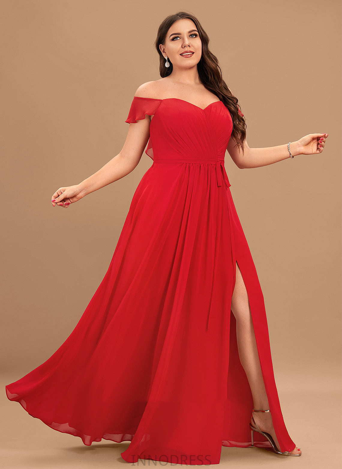 SplitFront Off-the-Shoulder Embellishment Length A-Line Silhouette Fabric Neckline Ruffle Floor-Length Catherine Sheath/Column Bridesmaid Dresses