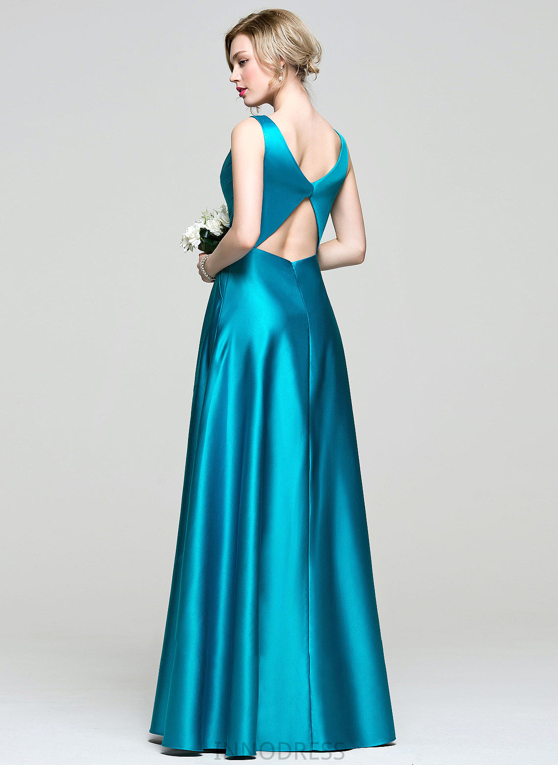 Ball-Gown/Princess Ruffle Pockets Floor-Length Satin Lilian V-neck With Prom Dresses