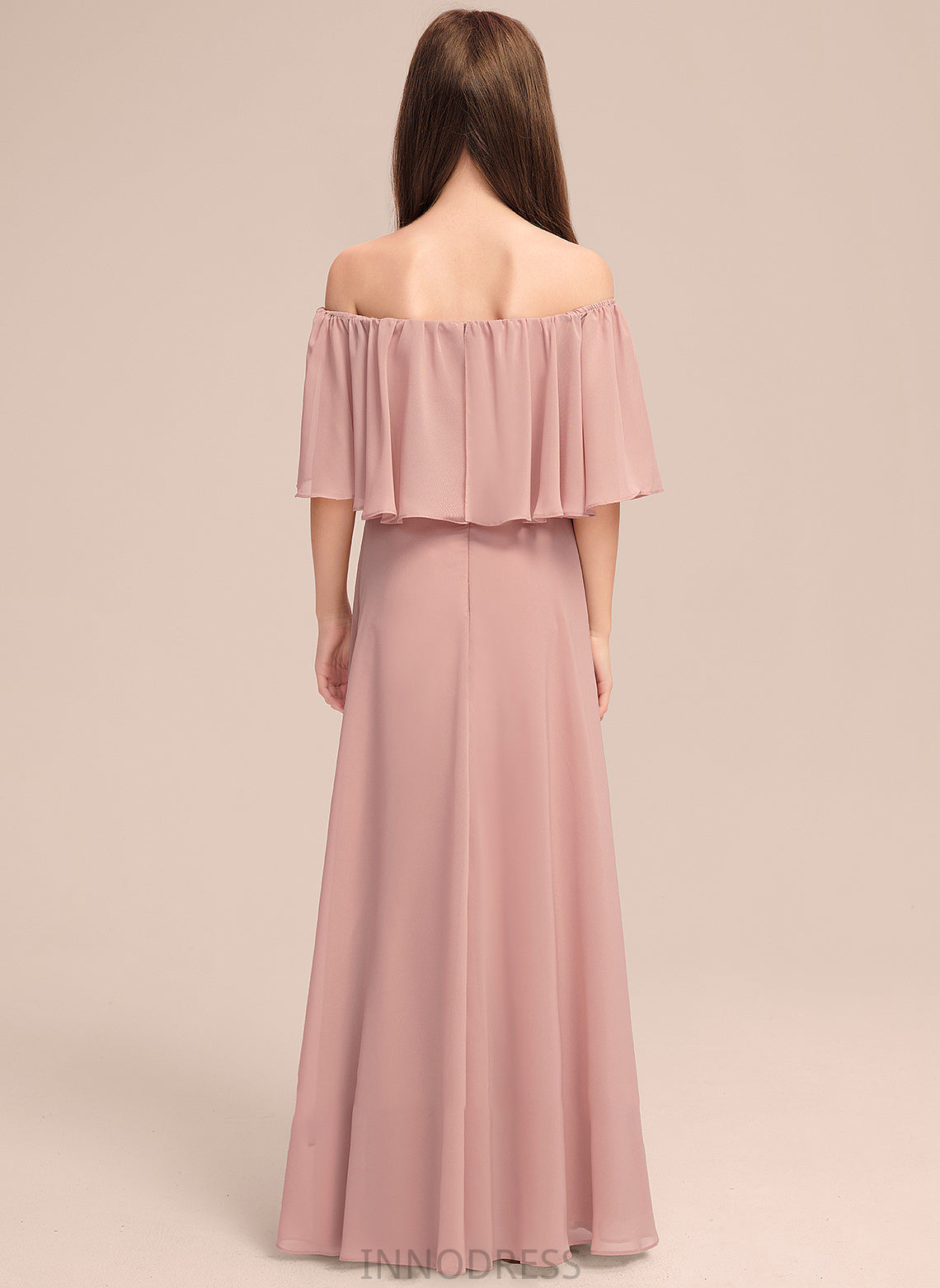 With Hallie A-Line Floor-Length Off-the-Shoulder Ruffle Chiffon Junior Bridesmaid Dresses