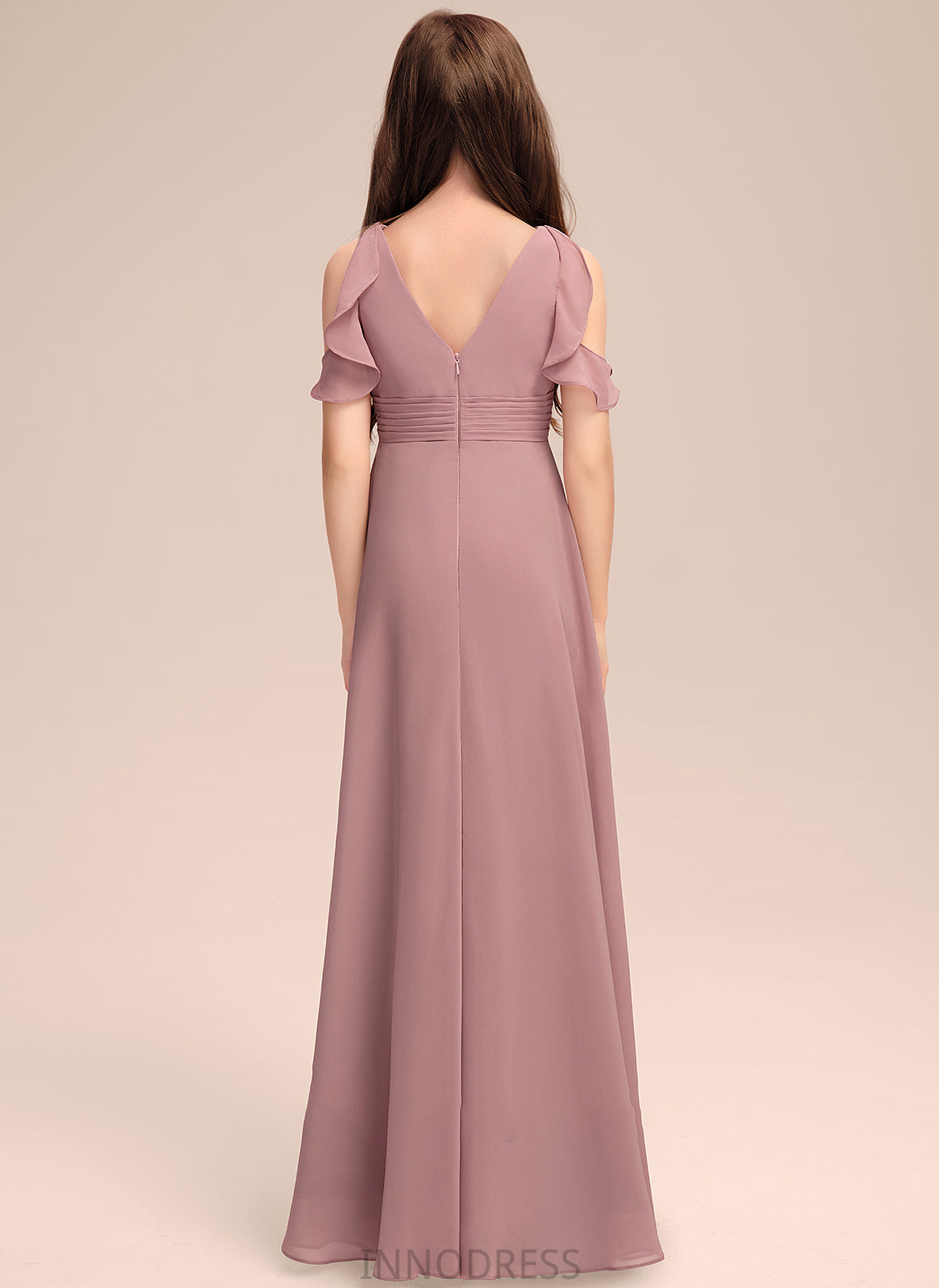 Abigail Cascading V-neck Floor-Length Ruffles Chiffon A-Line With Junior Bridesmaid Dresses