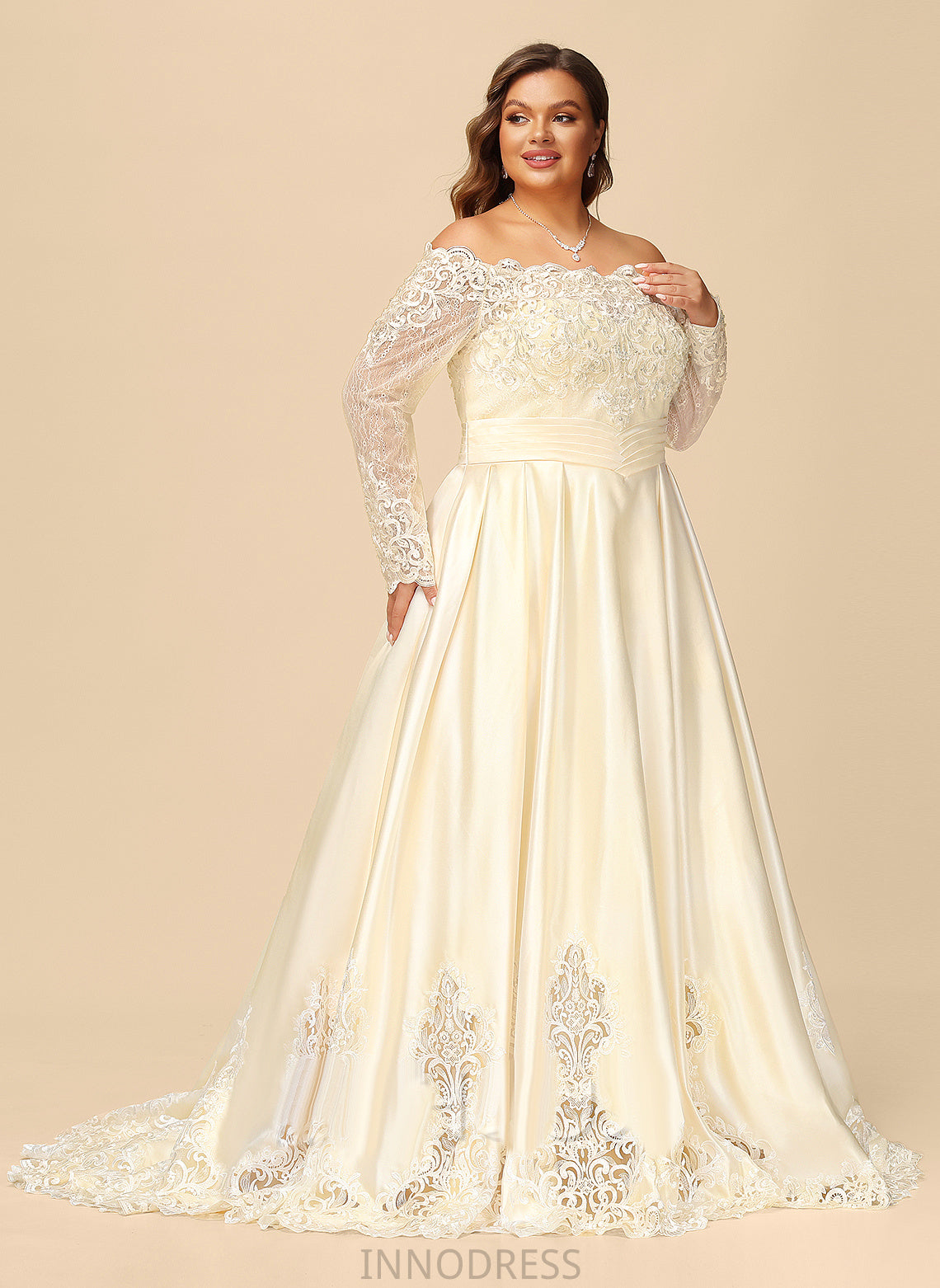 Ball-Gown/Princess Sequins Satin Train Evelyn Off-the-Shoulder With Lace Wedding Beading Sweep Dress Wedding Dresses