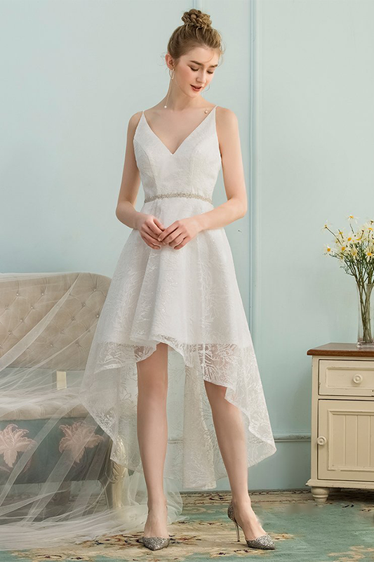 High Low Homecoming Dresses Ivory Lace Carla V-Neck Asymmetrical