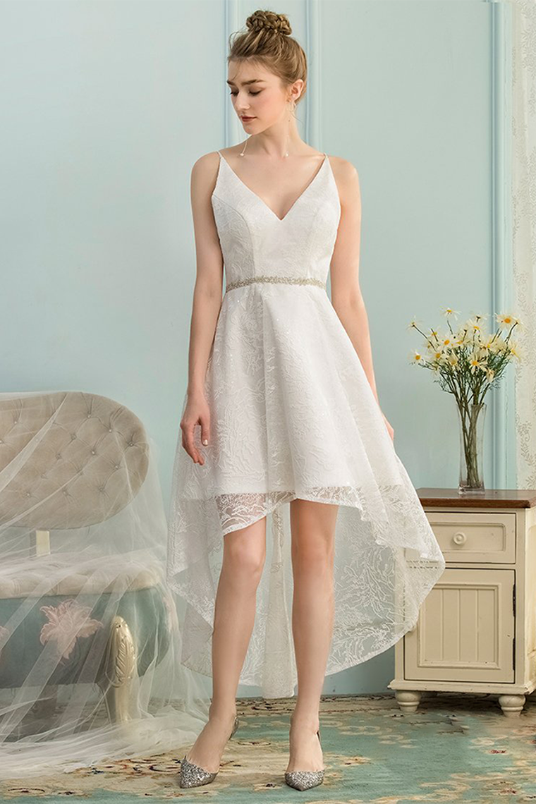 High Low Homecoming Dresses Ivory Lace Carla V-Neck Asymmetrical