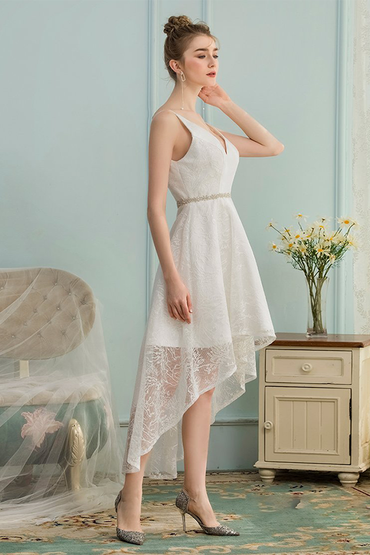 High Low Homecoming Dresses Ivory Lace Carla V-Neck Asymmetrical