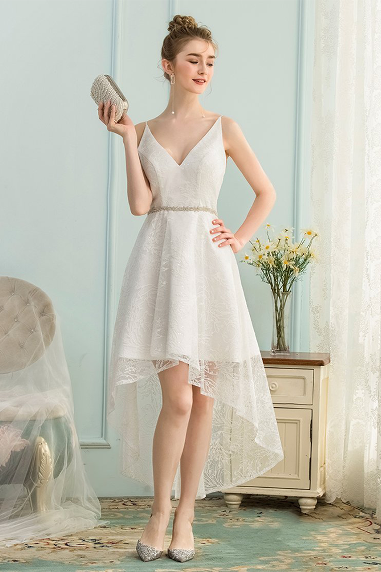 High Low Homecoming Dresses Ivory Lace Carla V-Neck Asymmetrical