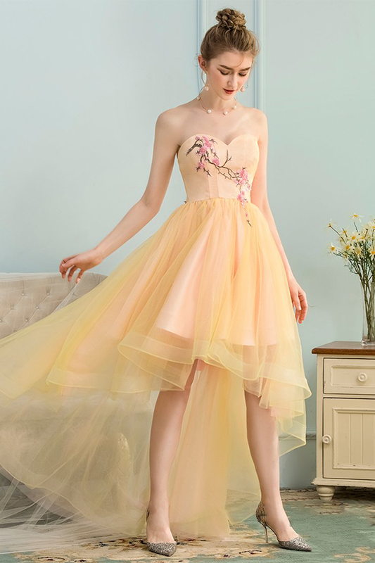 A-Line Satin Lesly Homecoming Dresses Sweetheart High Low Yellow Stretch With Appliques