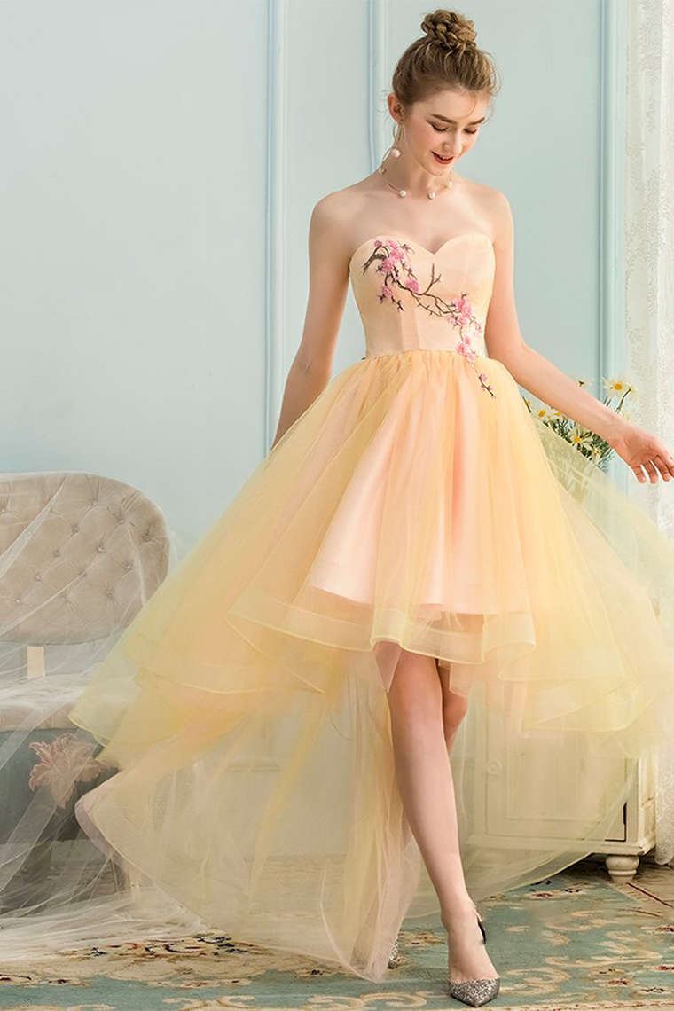 A-Line Satin Lesly Homecoming Dresses Sweetheart High Low Yellow Stretch With Appliques